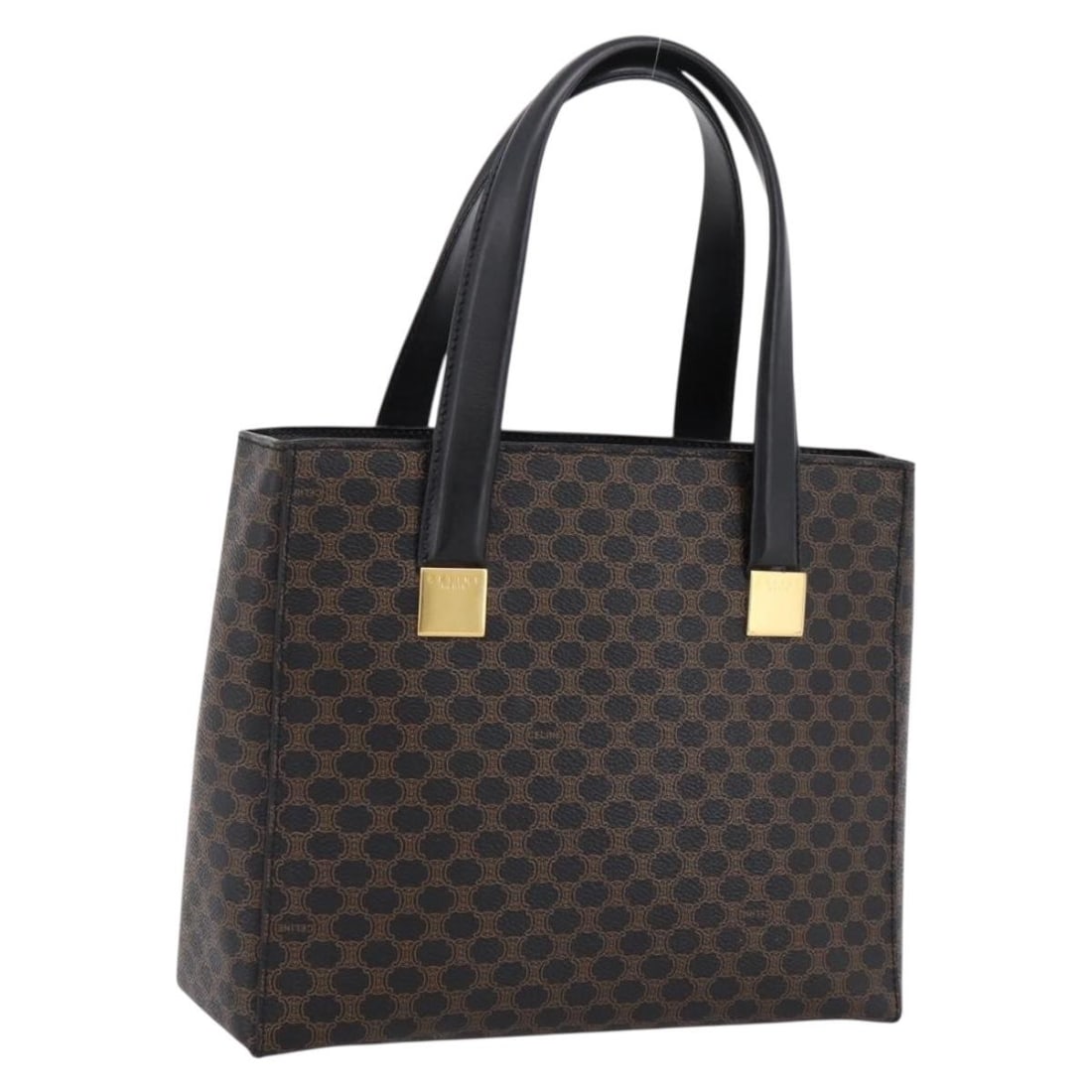 CELINE Macadam Circle Hand Bag Black PVC Leather Gold Tone: CELINE Macadam Circle Hand Bag Black PVC Leather Gold Tone Celine Macadam canvas circle handbag crafted in PVC leather with a black and gold colorway. Made in Italy, this women's handbag includes only