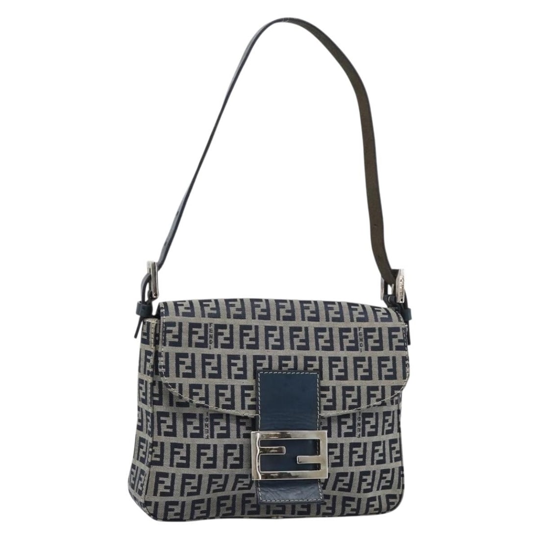 Fendi Mamma Baguette Shoulder Bag in Navy Silver Zucchino Canvas: Fendi Mamma Baguette Shoulder Bag in Navy Silver Zucchino Canvas Fendi Zucchino Canvas Mamma Baguette shoulder bag in navy and silver. This women's shoulder bag includes a dust bag and is made in Ital