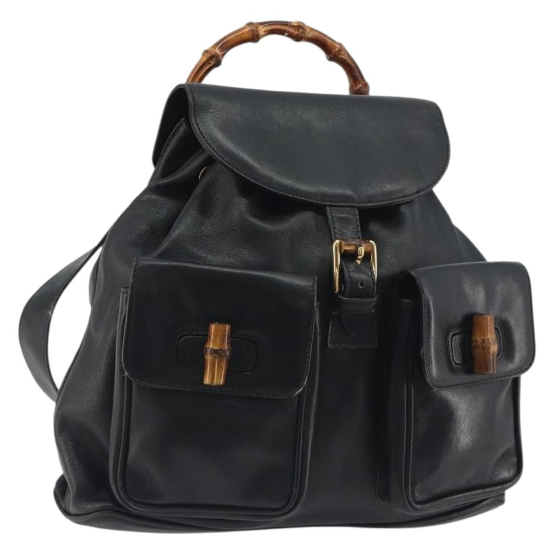 Leather Gucci backpack black bamboo trim model 003 2058 0016: Leather Gucci backpack black bamboo trim model 003 2058 0016 Gucci bamboo backpack in black leather with gold-tone accents. Made in Italy, this women's backpack shows heavy use with visible wear throu