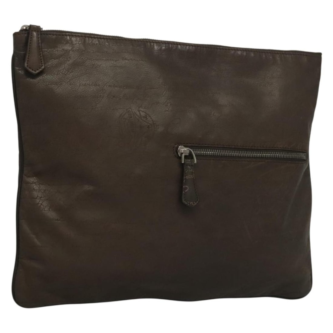 Berluti Leather Clutch in Brown and Silver Made in Italy: Berluti Leather Clutch in Brown and Silver Made in Italy Berluti calligraphy clutch bag in brown and silver leather, made in Italy. This women's clutch shows heavy signs of use, including loss of shap