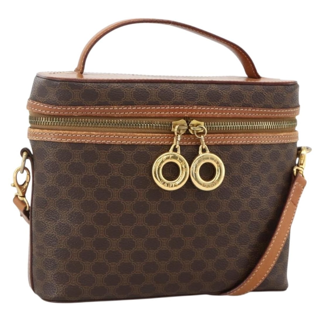 CELINE Macadam 2way Hand Bag Brown PVC Leather with Shoulder Strap: CELINE Macadam 2way Hand Bag Brown PVC Leather with Shoulder Strap Celine 2-way handbag in brown Macadam canvas with PVC leather trim and gold-tone accents. Made in Italy, this women's bag includes a 