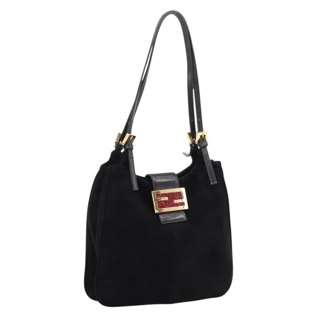 FENDI Mamma Baguette suede tote handbag black with gold tone trim: FENDI Mamma Baguette suede tote handbag black with gold tone trim A FENDI Mamma Baguette tote bag in black suede with gold tone accents, made in Italy. This women's bag includes the item only; item bo