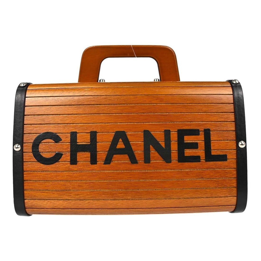 CHANEL Vanity Box Handbag Brown Black Wood Leather: CHANEL Vanity Box Handbag Brown Black Wood Leather Chanel vanity box handbag in brown and black with a structured top-handle design and logo pattern. Crafted from wood and leather with a red leather l