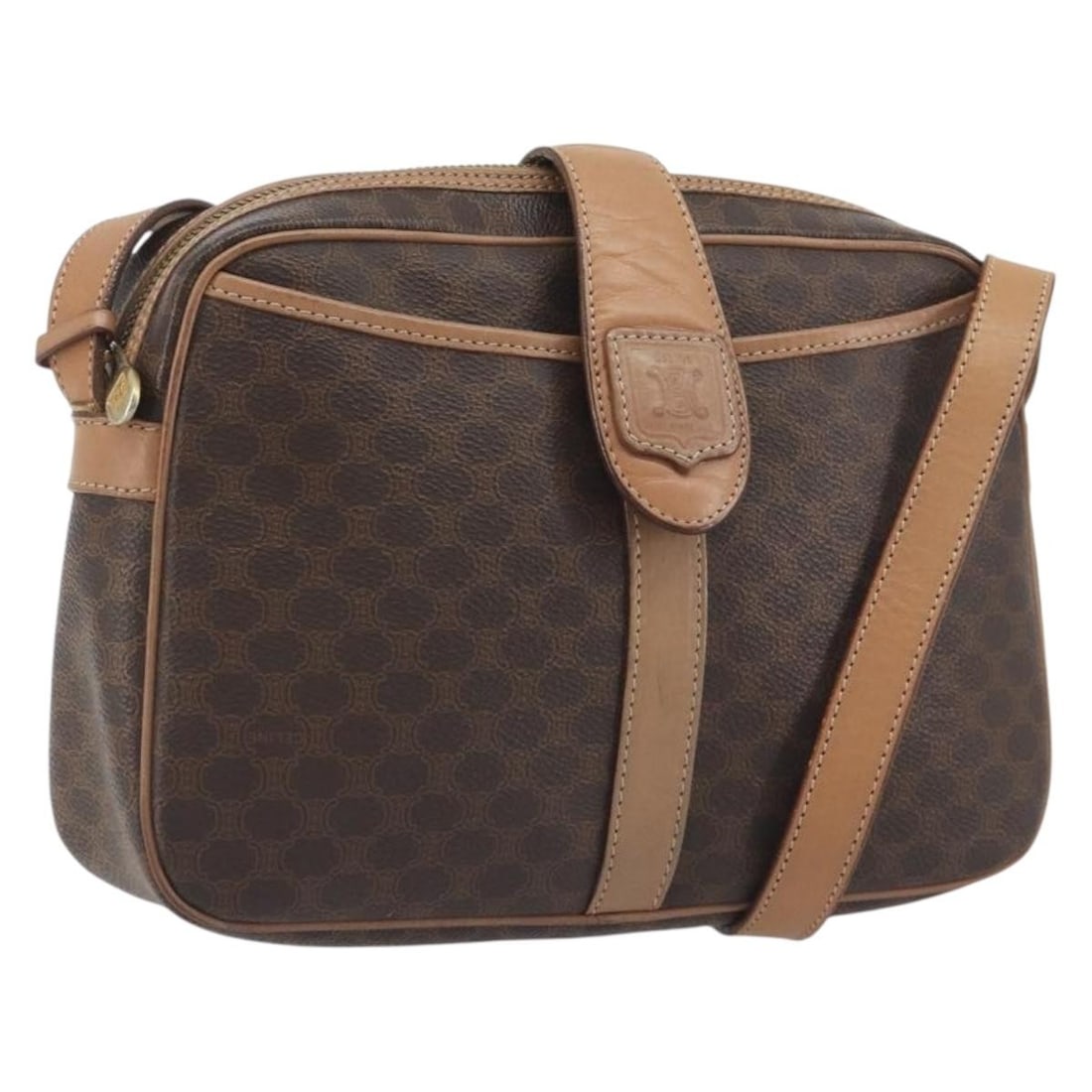 CELINE Macadam Shoulder Bag Brown PVC Leather Gold Tone: CELINE Macadam Shoulder Bag Brown PVC Leather Gold Tone Celine Macadam canvas shoulder bag in brown with gold-tone accents, crafted with PVC leather trim. This women's shoulder bag is made in Italy an