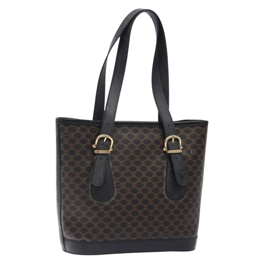 CELINE Macadam Tote Bag in Black PVC Leather: CELINE Macadam Tote Bag in Black PVC Leather Celine Macadam canvas tote bag in black with gold-tone accents, crafted with PVC leather trim and made in Italy. This women's tote is a heavily used piece 
