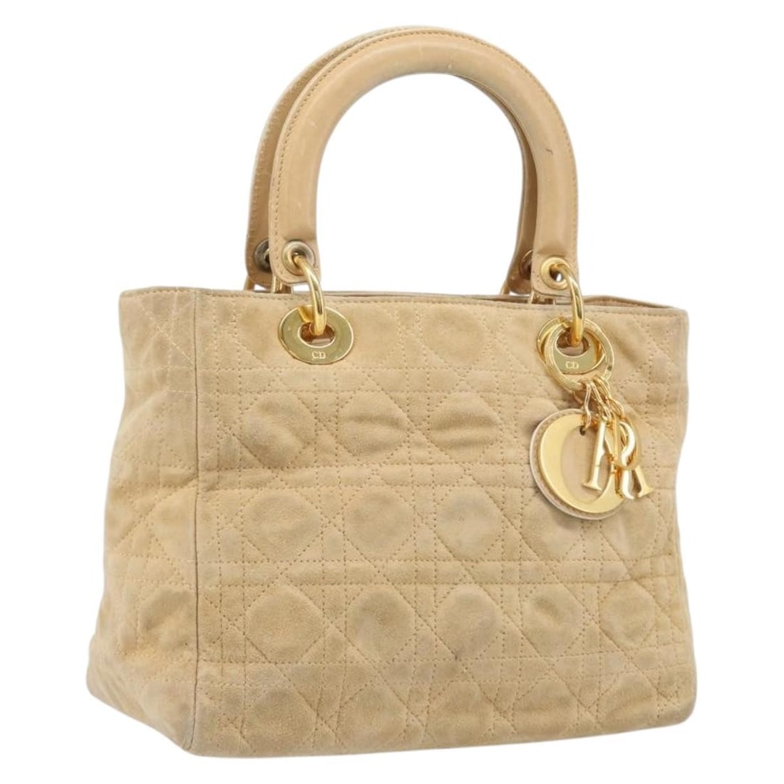 Christian Dior Cannage suede handbag beige with charm Italy: Christian Dior Cannage suede handbag beige with charm Italy Christian Dior Cannage handbag in beige suede with gold-tone accents and a charm accessory. Made in Italy, this women's handbag is heavily u