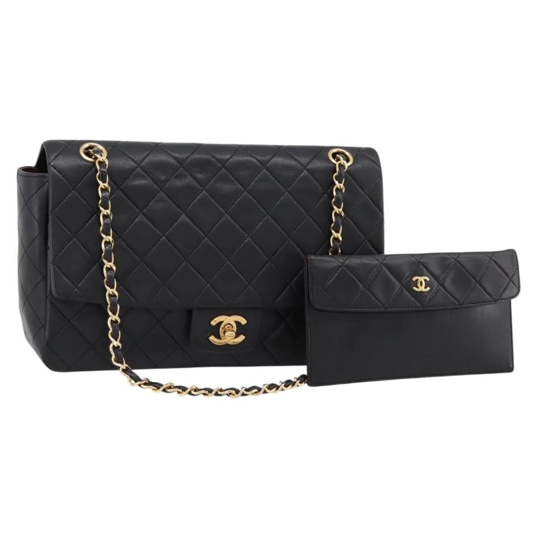 CHANEL Matelasse Double Flap Shoulder Bag Lamb Skin Black Gold: CHANEL Matelasse Double Flap Shoulder Bag Lamb Skin Black Gold Classic CHANEL double flap chain matelasse shoulder bag in black lamb skin with gold-tone CC detailing. Made in France, this women's shou