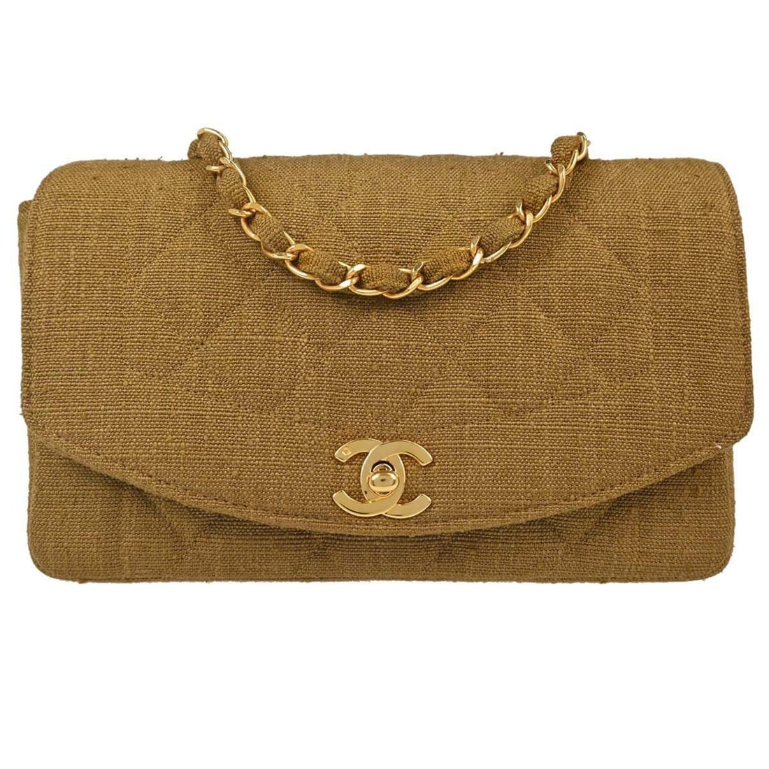 CHANEL Diana Small Brown Linen Flap Shoulder Bag: CHANEL Diana Small Brown Linen Flap Shoulder Bag Chanel Small Diana shoulder bag in brown linen with a matelasse quilted exterior, flap turnlock closure, and chain shoulder strap. The interior include