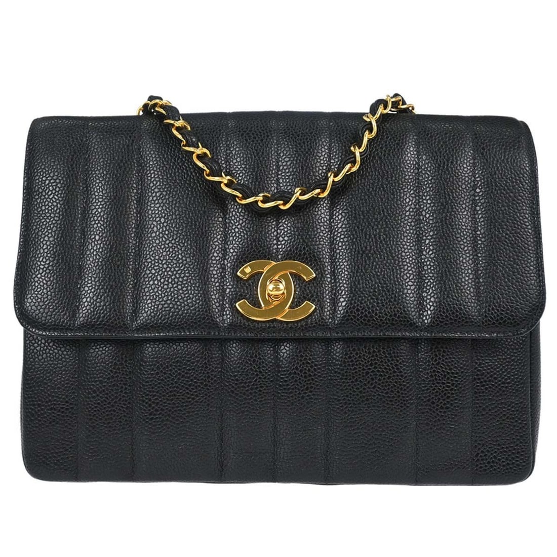 CHANEL Straight Flap shoulder bag in black caviar leather: CHANEL Straight Flap shoulder bag in black caviar leather Chanel Mademoiselle Straight Flap shoulder bag in black caviar skin leather with a turn-lock closure and chain shoulder strap. This medium sho