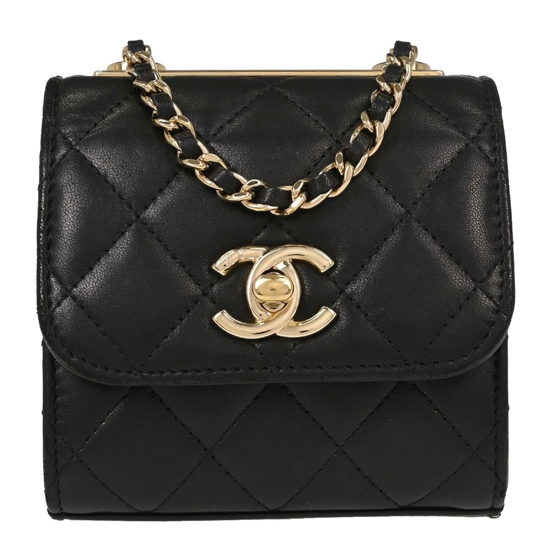 CHANEL black lambskin cardholder chain shoulder bag with CC turnlock: CHANEL black lambskin cardholder chain shoulder bag with CC turnlock Chanel Trendy CC cardholder on chain shoulder bag in black lambskin with a matelasse pattern and turnlock closure. This women's sho