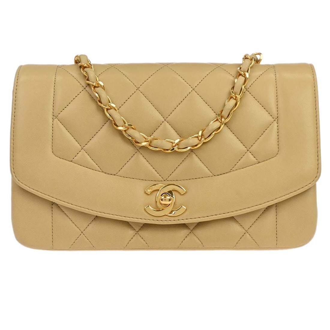 CHANEL Diana Small Beige Lambskin Shoulder Bag for Women: CHANEL Diana Small Beige Lambskin Shoulder Bag for Women Chanel Small Diana shoulder bag in beige lambskin with a shoulder strap and canvas lining. This women's bag features interior storage with one 