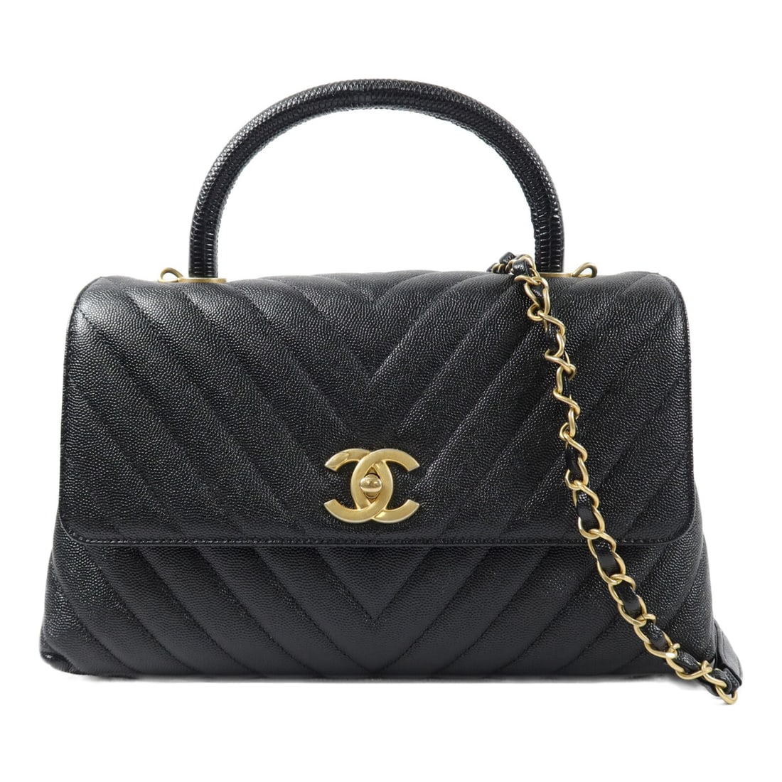 CHANEL Coco Handle Medium 2way Shoulder Bag Black Calfskin A92991: CHANEL Coco Handle Medium 2way Shoulder Bag Black Calfskin A92991 Medium Chanel Coco Handle 2-way shoulder bag in black calfskin leather with a top handle and shoulder strap. The bag features the CC t