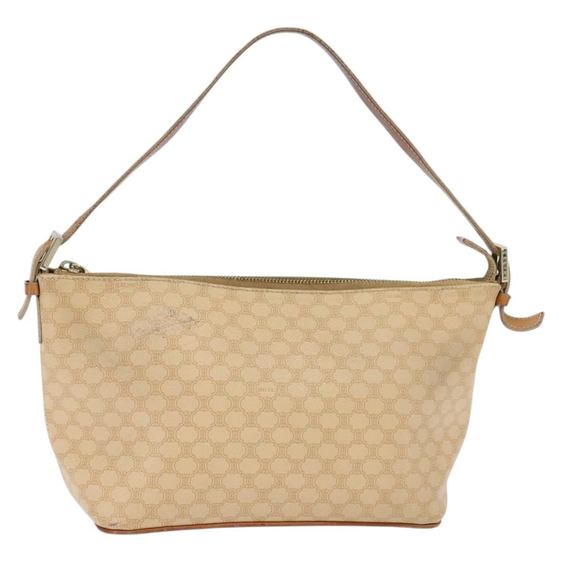 CELINE Macadam Shoulder Bag in Beige PVC Leather Canvas: CELINE Macadam Shoulder Bag in Beige PVC Leather Canvas Authentic CELINE Macadam canvas shoulder bag in beige and gold with PVC leather trim. This women's shoulder bag is made in Italy and includes on
