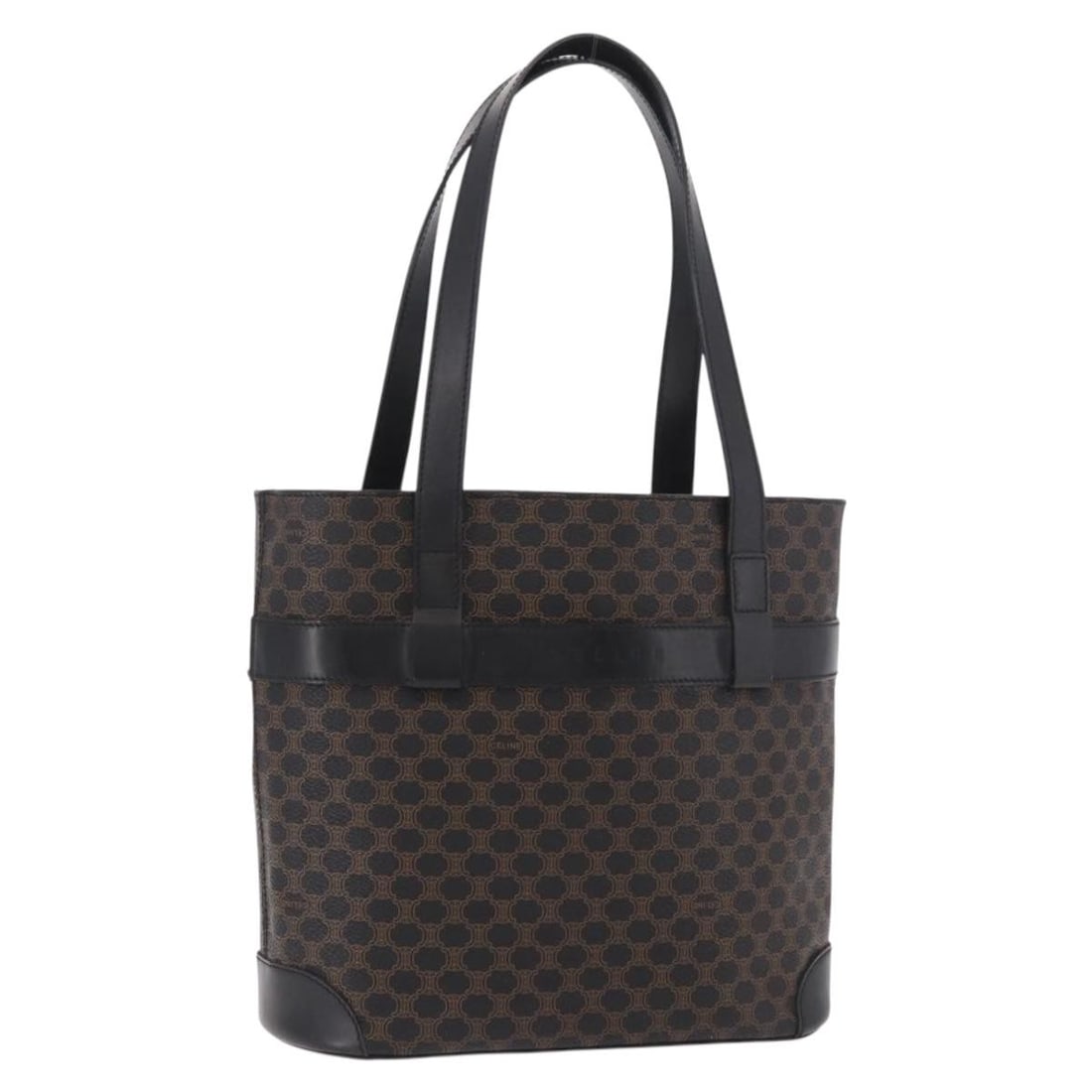 CELINE Macadam Canvas PVC Leather Tote Black Gold Italy: CELINE Macadam Canvas PVC Leather Tote Black Gold Italy Authentic CELINE Macadam canvas tote bag with PVC leather trim in black and gold. This women's tote is made in Italy and features a structured e