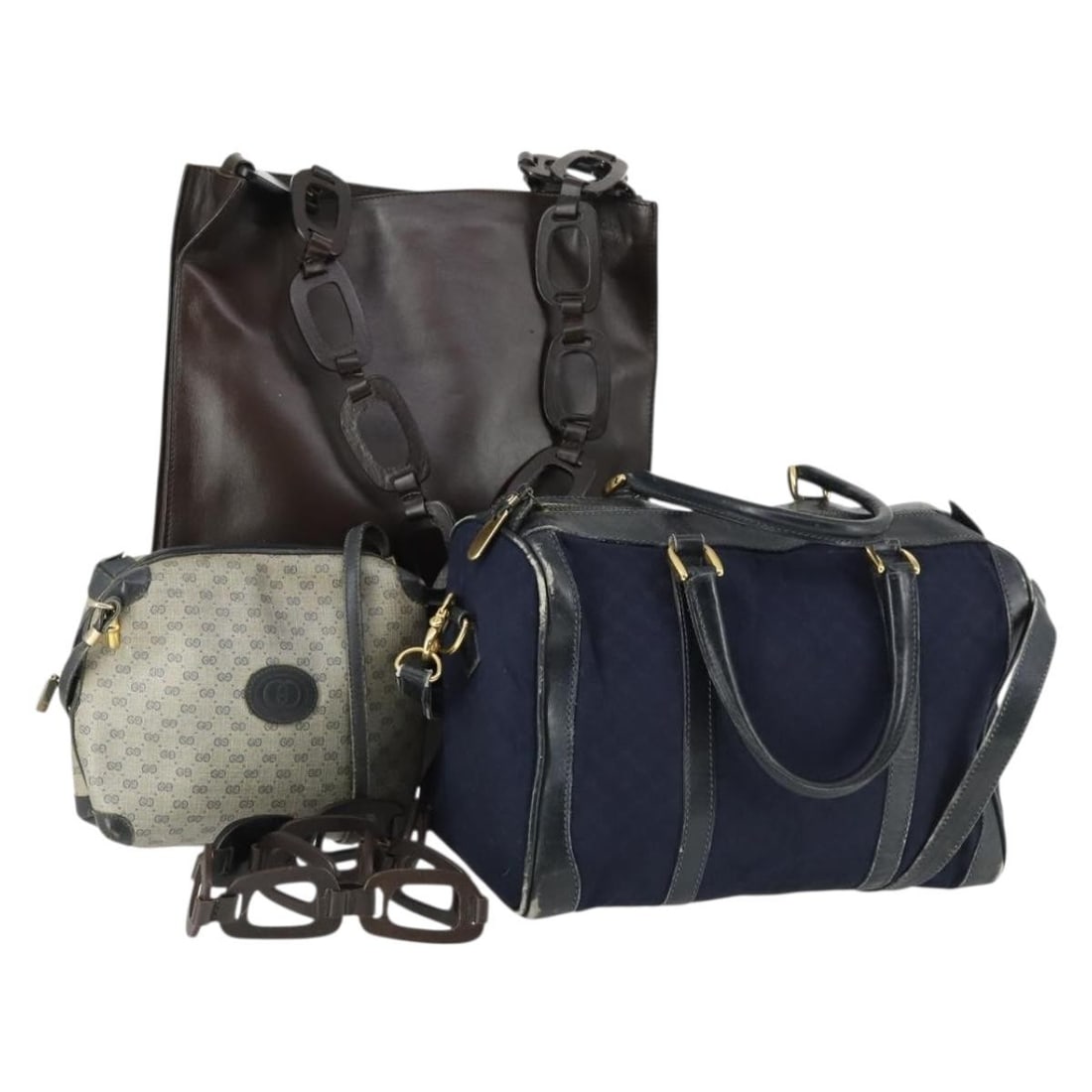 GUCCI 3 Bag Set Micro GG Canvas and Leather Navy Brown: GUCCI 3 Bag Set Micro GG Canvas and Leather Navy Brown Set of three Gucci shoulder bags in GG Canvas and leather with a navy, brown, and gray color palette. Made in Italy for women, this Micro GG / GG