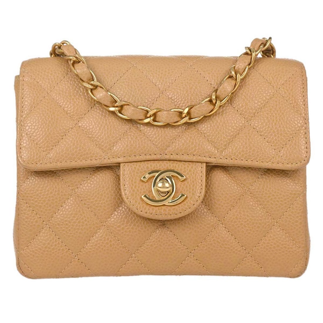 CHANEL Classic Single Flap Mini Square Shoulder Bag Beige Caviar Leather: CHANEL Classic Single Flap Mini Square Shoulder Bag Beige Caviar Leather Chanel Mini Classic Square Flap Shoulder Bag 17 in beige caviar skin leather with a turn-lock closure and crossbody strap. This