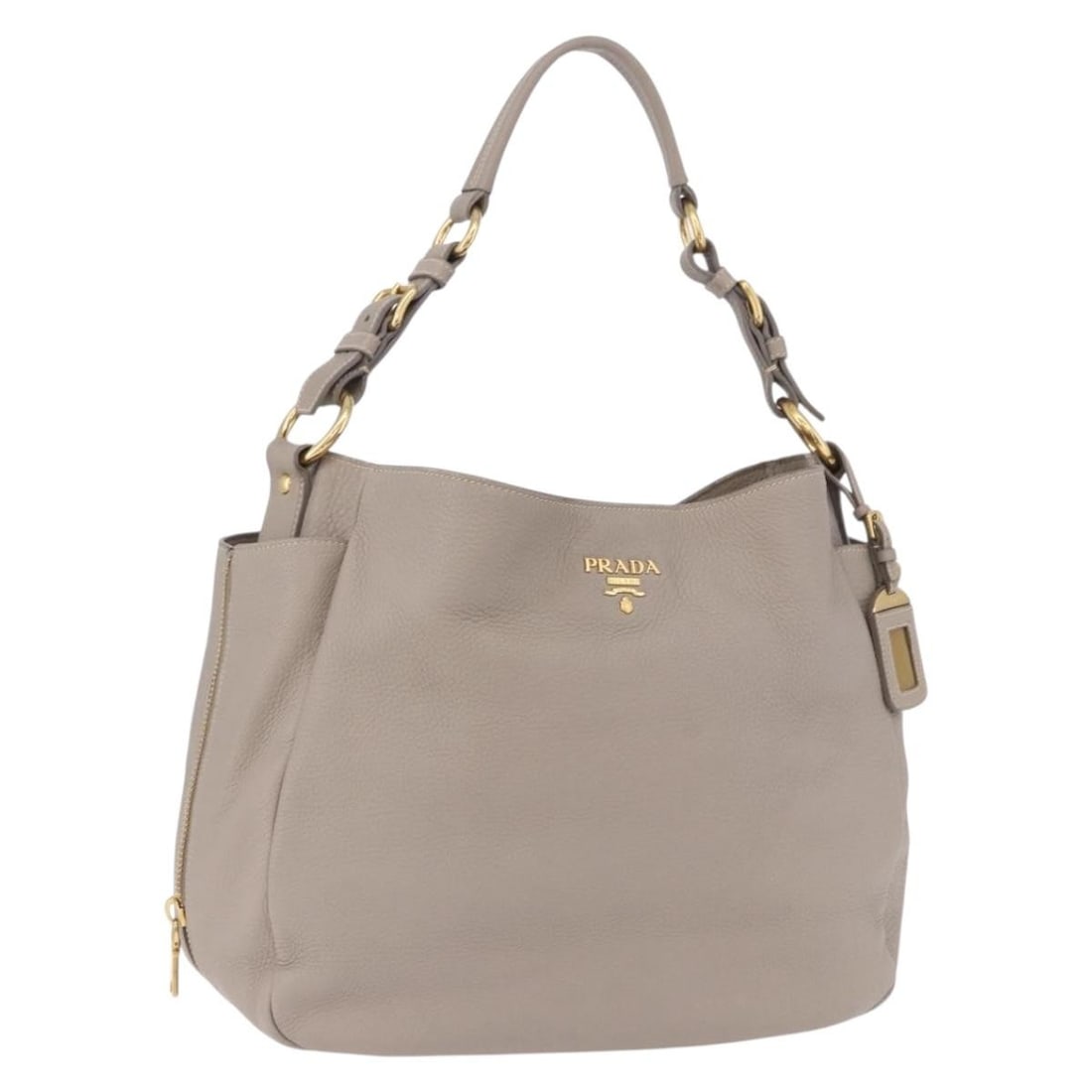 PRADA Beige Gold Leather Shoulder Bag with Dust Bag Name Tag Card: PRADA Beige Gold Leather Shoulder Bag with Dust Bag Name Tag Card Prada shoulder bag in beige leather with gold-tone accents. This women's bag includes a dust bag, name tag, and guarantee card. It has