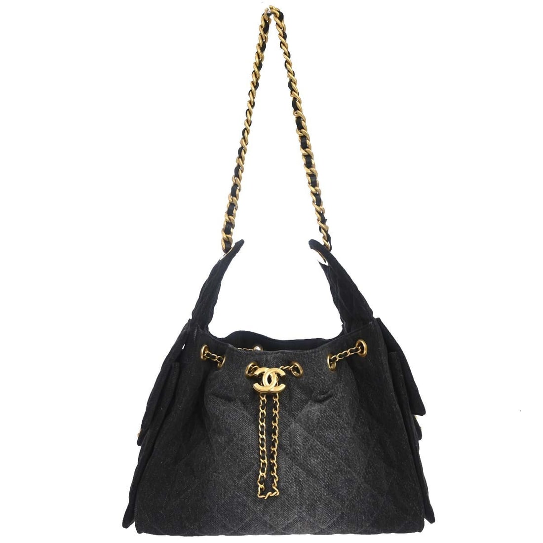 CHANEL Chanel 25 small black denim shoulder bag: CHANEL Chanel 25 small black denim shoulder bag Chanel 25 black washed denim shoulder bag in small size with a magnetic closure and shoulder strap. The bag features a black denim exterior with canvas 