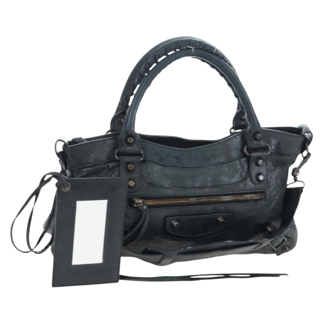 Balenciaga 103208 The First black leather 2way handbag: Balenciaga 103208 The First black leather 2way handbag Balenciaga The First 2-way handbag in black leather with dual carry options. Made in Italy, this women's bag includes a shoulder strap and mirror