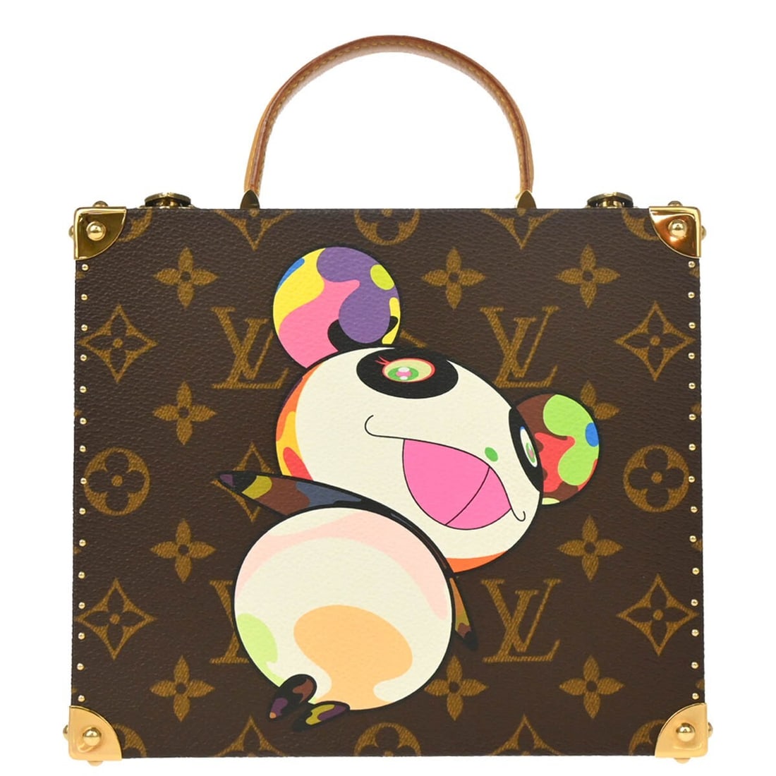 Louis Vuitton Takashi Murakami Panda Monogram Jewelry Case M92478: Louis Vuitton Takashi Murakami Panda Monogram Jewelry Case M92478 Louis Vuitton Takashi Murakami Monogram Panda jewelry box handbag in brown Monogram canvas and leather. This top handle design feature