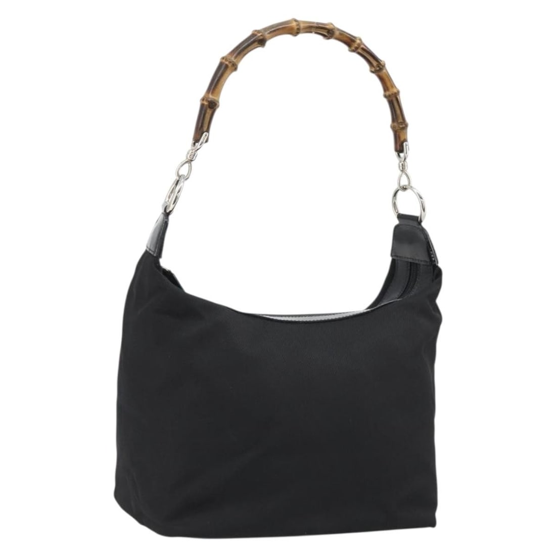 GUCCI 000 1956 0531 Canvas Hand Bag Black Silver: GUCCI 000 1956 0531 Canvas Hand Bag Black Silver Gucci bamboo handbag in black canvas with silver-tone accents, made in Italy. This women's handbag has a structured compact silhouette and includes onl