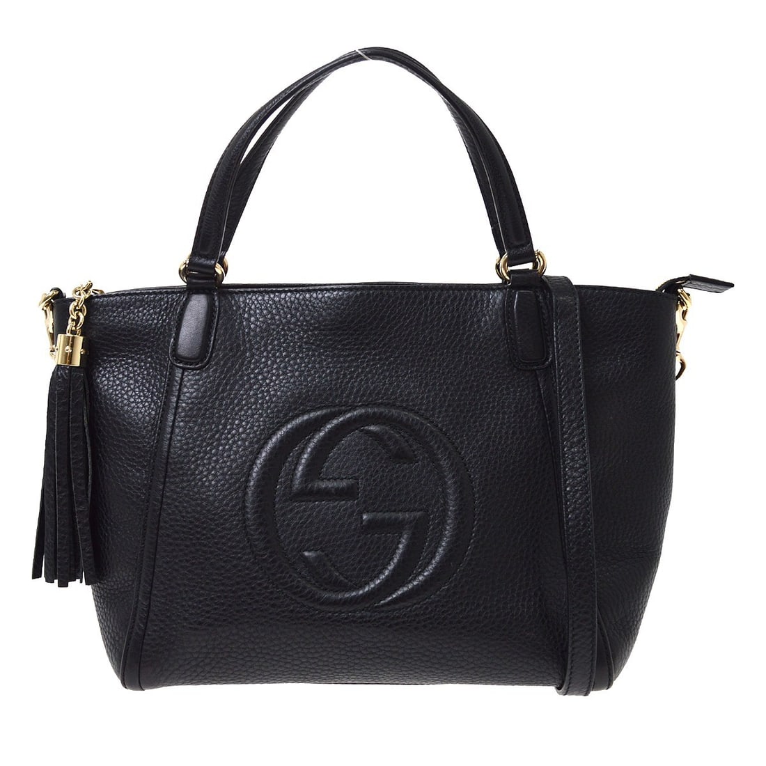 Gucci Soho Interlocking G Leather Tote with Shoulder Strap Black: Gucci Soho Interlocking G Leather Tote with Shoulder Strap Black Vintage Gucci Soho tote bag in black leather with the Interlocking G design. This medium tote features double leather handles, a zip cl