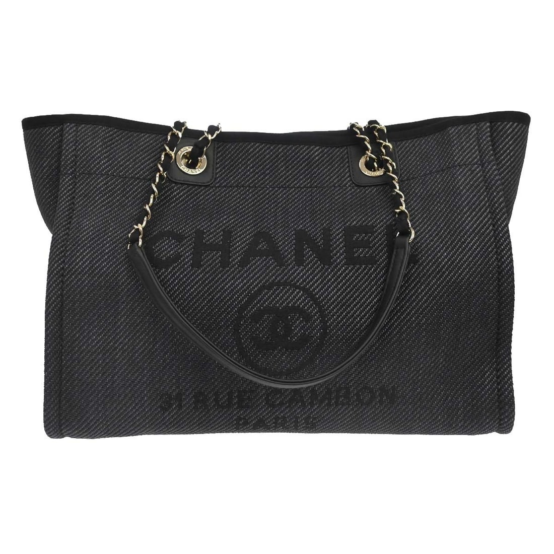 CHANEL Deauville Navy Denim Tote Shoulder Bag 2way: CHANEL Deauville Navy Denim Tote Shoulder Bag 2way Chanel Deauville 2way shoulder tote handbag in navy denim with double handles and a magnetic closure. This extra large women's tote is made in Italy 