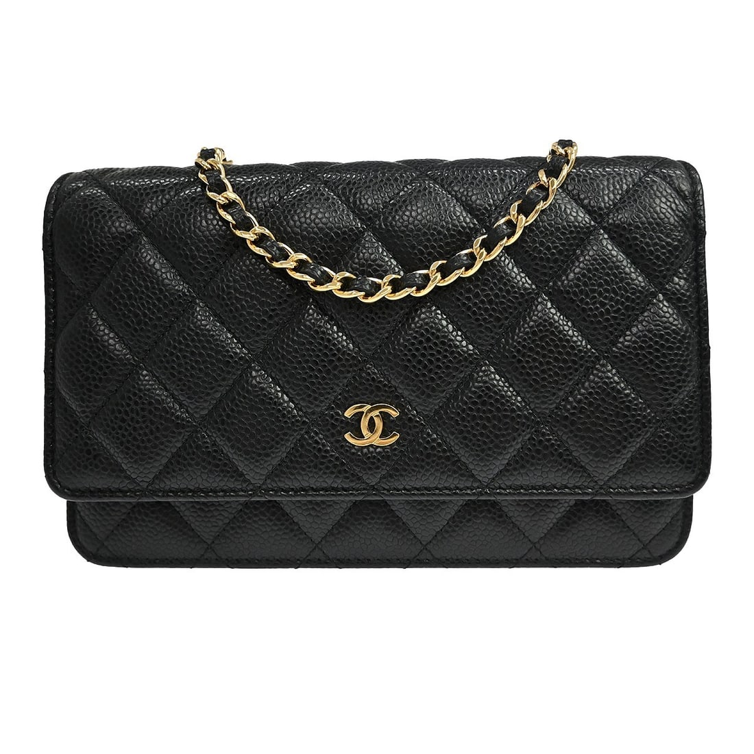 CHANEL Classic WOC Wallet on Chain Black Caviar Leather: CHANEL Classic WOC Wallet on Chain Black Caviar Leather Chanel Classic WOC wallet on chain shoulder bag in black caviar skin leather. This folding wallet-style bag features a chain strap and an organi