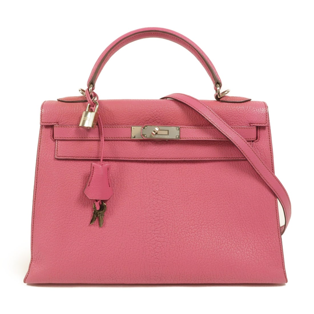 Hermes Kelly 32 Chevre Goatskin 2 Way Shoulder Bag PHW Pink: Hermes Kelly 32 Chevre Goatskin 2 Way Shoulder Bag PHW Pink Hermes Kelly 32 2-way shoulder bag in fuchsia Chevre goatskin leather with palladium-tone hardware. This women's bag is made in France and f