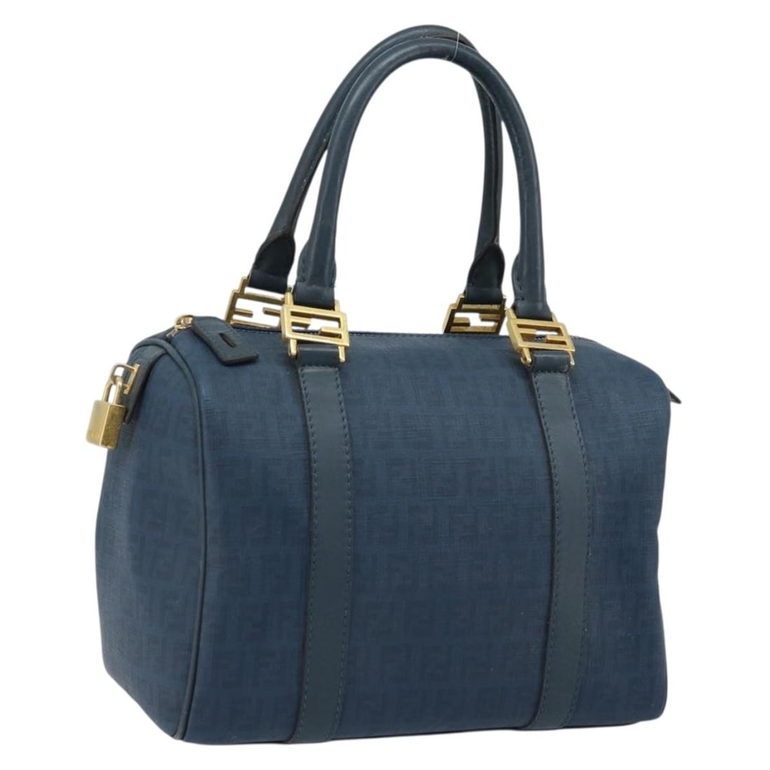 FENDI Zucchino Canvas Boston Bag with Padlock Navy Gold: FENDI Zucchino Canvas Boston Bag with Padlock Navy Gold This Fendi Boston bag is crafted in navy Zucchino canvas with gold-tone accents and includes a padlock. Made in Italy, it shows heavy signs of u
