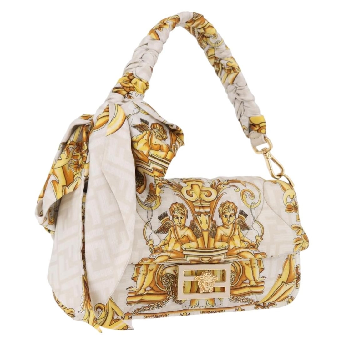 FENDI Mamma Baguette Shoulder Bag Zucca Canvas Nylon Beige Gold: FENDI Mamma Baguette Shoulder Bag Zucca Canvas Nylon Beige Gold Fendi Mamma Baguette shoulder bag in beige and gold Zucca canvas with nylon construction. Made in Italy, this women's bag includes a dus