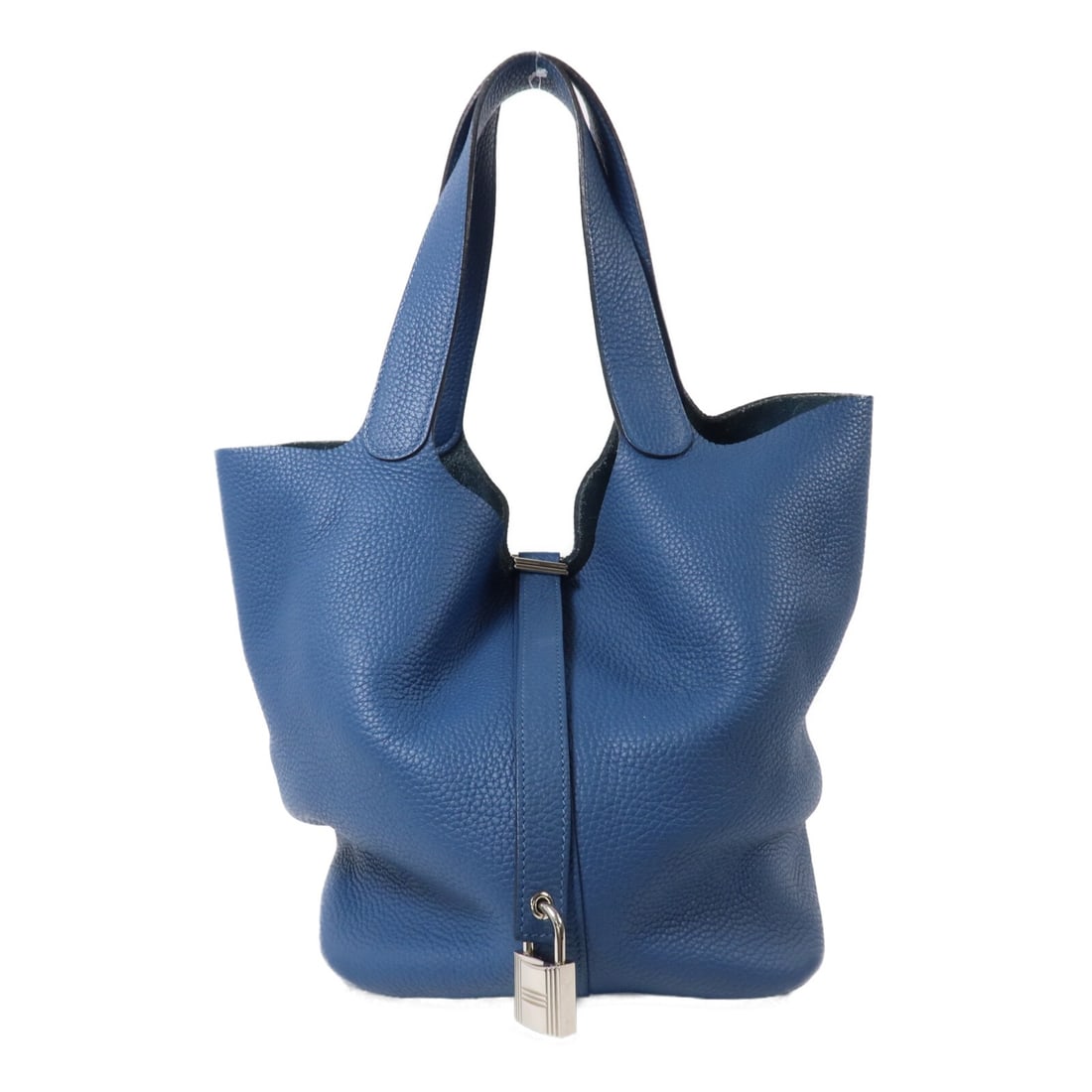Hermes Picotin GM Taurillon Clemence Handbag Bleu Agate PHW: Hermes Picotin GM Taurillon Clemence Handbag Bleu Agate PHW Hermes Picotin GM tote bag in Bleu Agate Taurillon Clemence leather with palladium-tone hardware. Made in France, this women's handbag featu