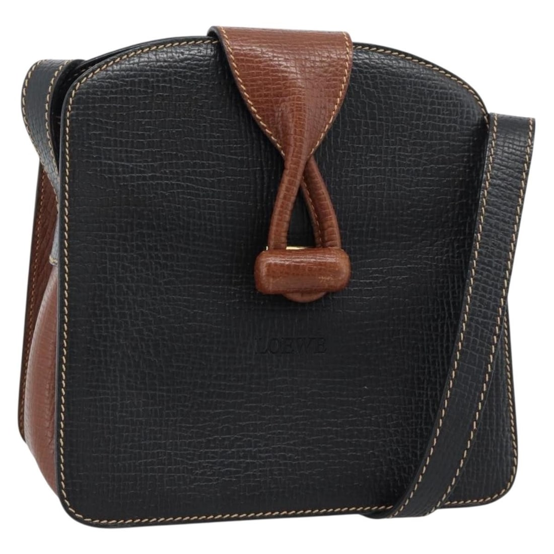 LOEWE Leather Shoulder Bag Black Brown Gold Tone Italy: LOEWE Leather Shoulder Bag Black Brown Gold Tone Italy Authentic LOEWE shoulder bag in black and brown leather with gold-tone accents. This women's bag is made in Italy and features a compact shoulder
