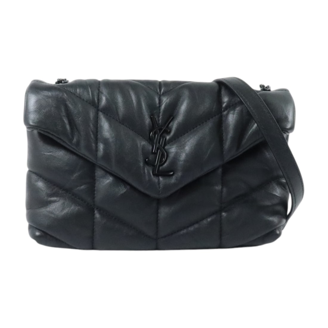 Saint Laurent MVP620333 Toy Puffer Shoulder Bag Black Lambskin: Saint Laurent MVP620333 Toy Puffer Shoulder Bag Black Lambskin Saint Laurent Puffer Toy shoulder bag in black lambskin leather with silver-tone hardware. This women's shoulder bag features a compact s