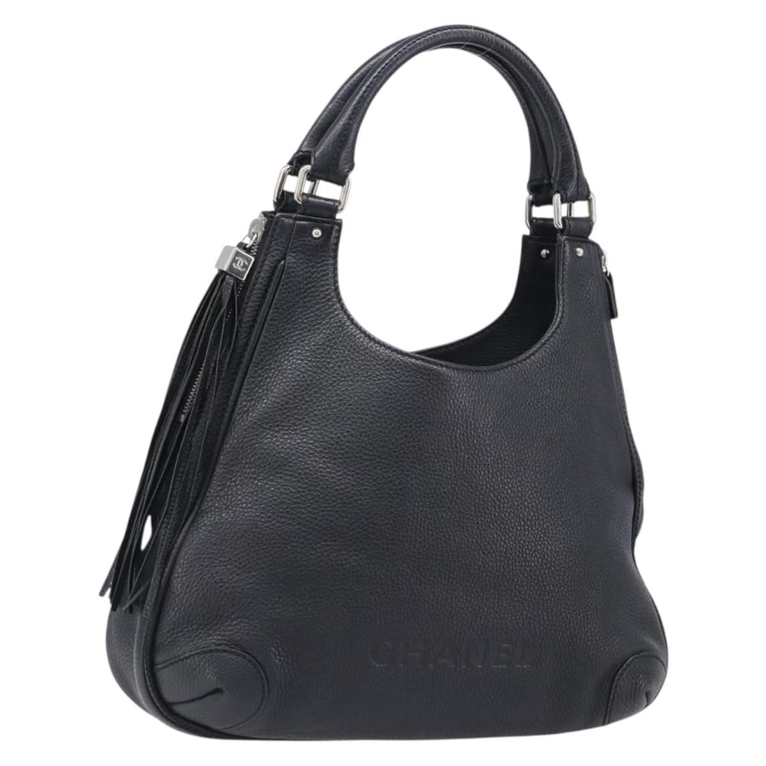 CHANEL Black Leather Shoulder Bag with Guarantee Card: CHANEL Black Leather Shoulder Bag with Guarantee Card Chanel black leather shoulder bag with silver-tone CC detailing. Made in Italy, this women's shoulder bag includes the guarantee card. Condition i