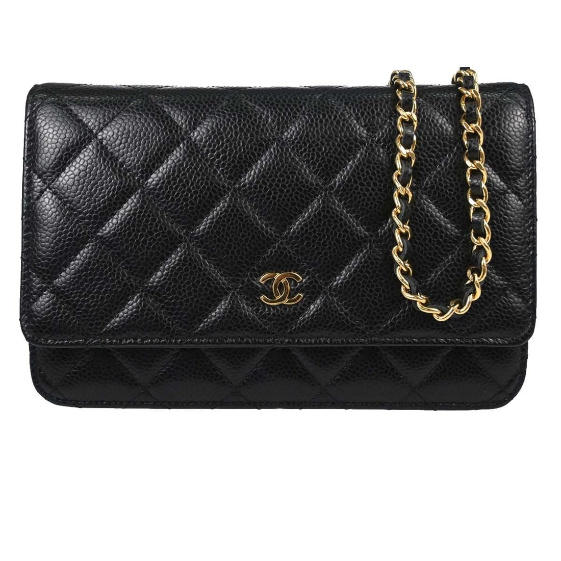 CHANEL Classic WOC Wallet Black Caviar Leather Chain Bag: CHANEL Classic WOC Wallet Black Caviar Leather Chain Bag Chanel Classic WOC wallet on chain shoulder bag in black calfskin leather with a folding design. This women's wallet features a compact, struct