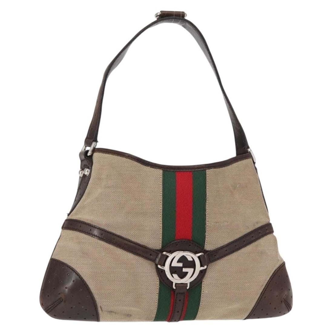 GUCCI 114877 canvas shoulder bag beige red silver: GUCCI 114877 canvas shoulder bag beige red silver Gucci Web Sherry Line shoulder bag in beige, silver, and red canvas. This women's shoulder bag is made in Italy and includes only the bag shown, with 