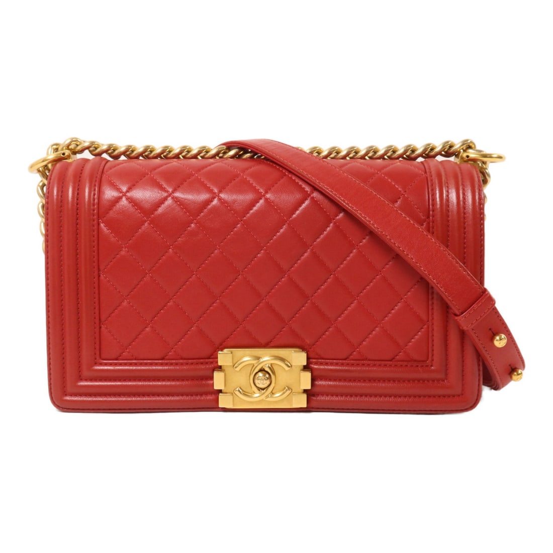 CHANEL Boy 25 Red Lambskin Chain Shoulder Bag CC GHW: CHANEL Boy 25 Red Lambskin Chain Shoulder Bag CC GHW Chanel Boy 25 chain shoulder bag in red lambskin leather with CC GHW styling. This women's shoulder bag features a flap design with one open interi