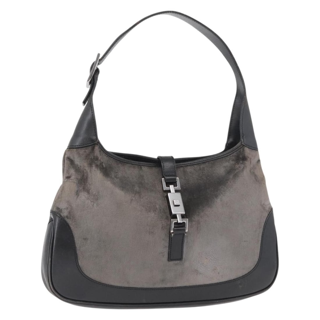 GUCCI 001 3306 Jackie Velor Shoulder Bag Gray Silver: GUCCI 001 3306 Jackie Velor Shoulder Bag Gray Silver Authentic Gucci Jackie shoulder bag in gray and silver velor, made in Italy. This women's bag includes only the item shown. Condition is heavily us