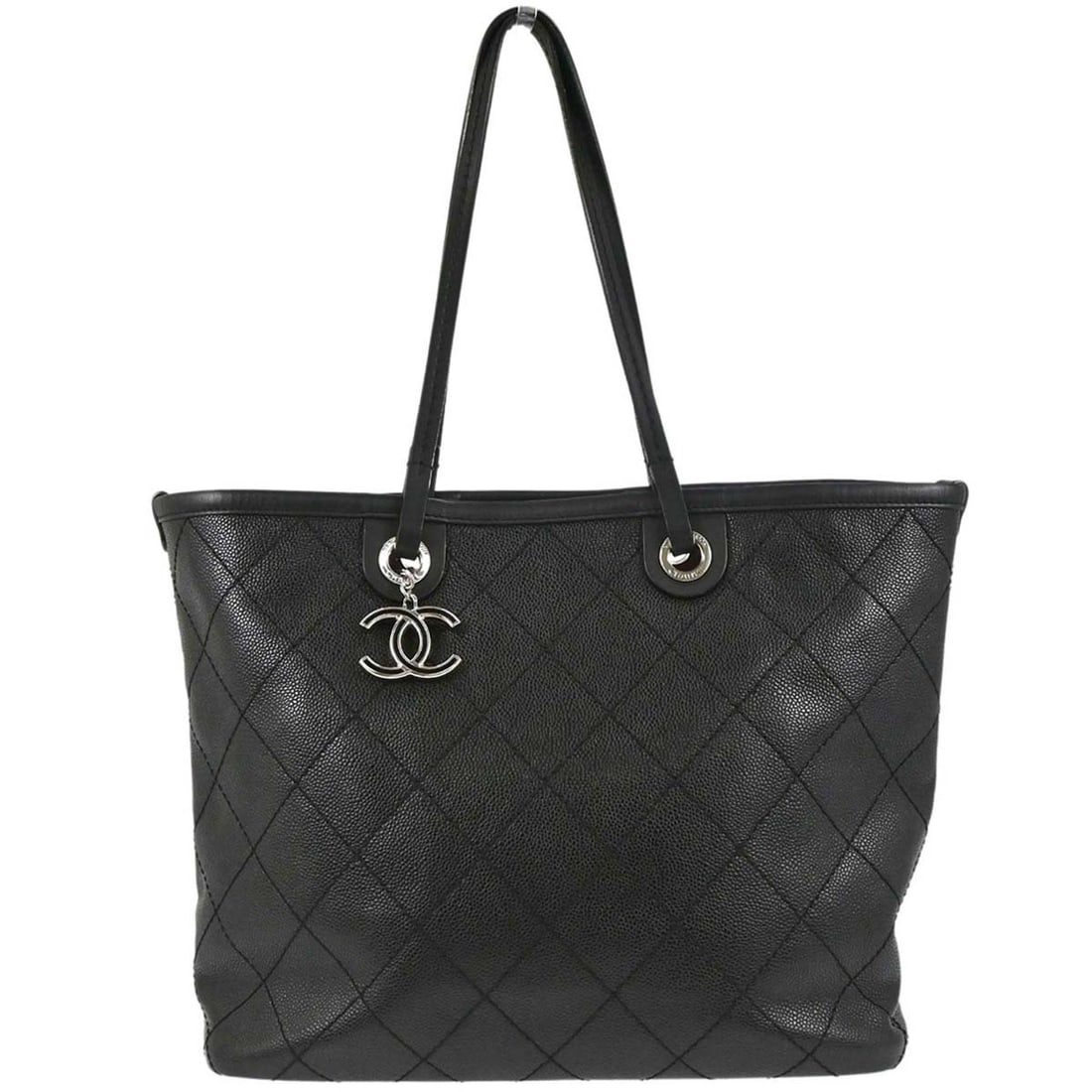 CHANEL On The Road Shopping Fever black caviar leather tote: CHANEL On The Road Shopping Fever black caviar leather tote Chanel On The Road Shopping Fever tote bag in black caviar skin leather with double handles and logo accents. This large tote features inner