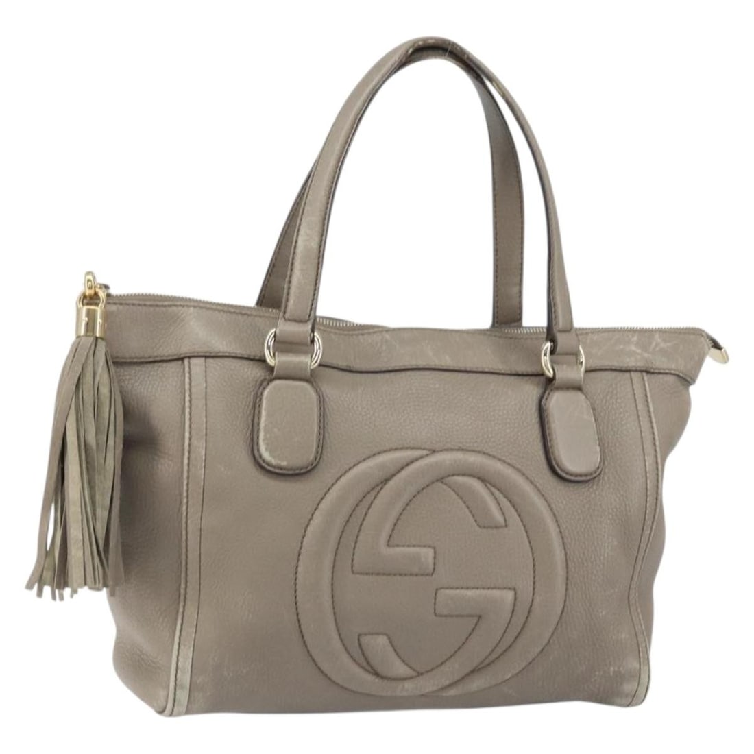 GUCCI Soho Tote Bag Leather Gray Gold 282307 Authentic Italy: GUCCI Soho Tote Bag Leather Gray Gold 282307 Authentic Italy This GUCCI Soho Tote Bag combines elegance with functionality, featuring a sophisticated gray leather exterior accented with gold details. 