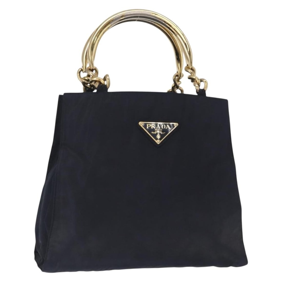 Prada navy gold nylon handbag Italy 11.8 x 9.8 x 3.9inch: Prada navy gold nylon handbag Italy 11.8 x 9.8 x 3.9inch This PRADA handbag is crafted from navy nylon with gold accents and is designed for women. Made in Italy, the bag features a spacious interior 