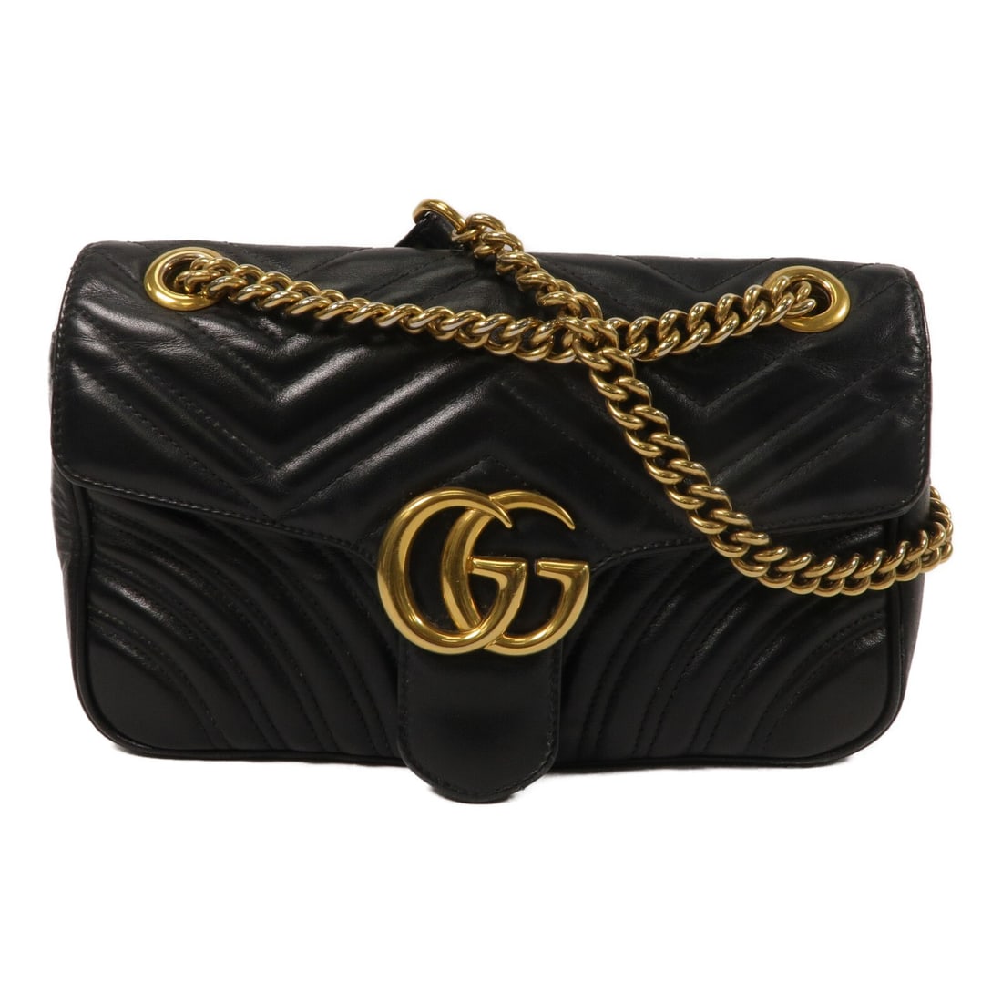 Gucci GG Marmont 443497 Black Calfskin Chain Shoulder Bag: Gucci GG Marmont 443497 Black Calfskin Chain Shoulder Bag Gucci GG Marmont chain shoulder bag in black calfskin leather. This women's shoulder bag is made in Italy and features a black exterior with G