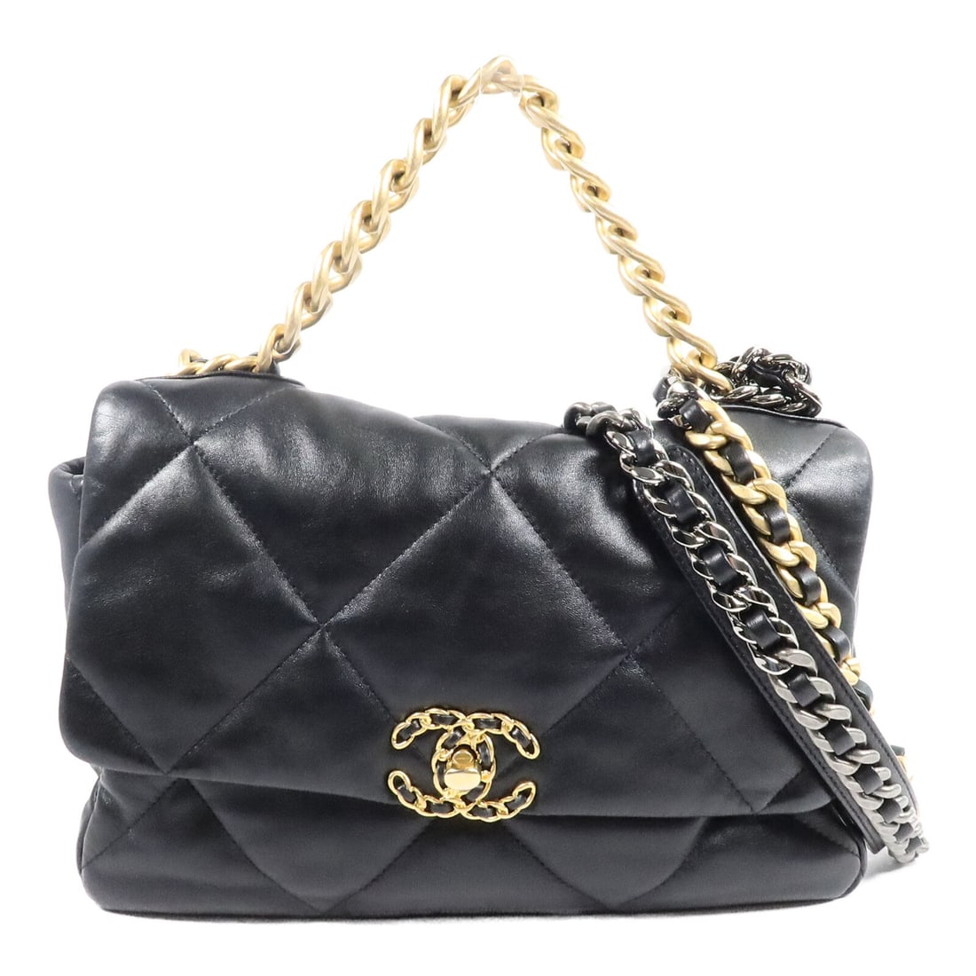 CHANEL AS1161 Chanel 19 Medium Lambskin 2 Way Shoulder Bag Black: CHANEL AS1161 Chanel 19 Medium Lambskin 2 Way Shoulder Bag Black A CHANEL 19 Medium 2-way shoulder bag in black lambskin (sheep leather), presented in very good AB condition. It features a turn lock c