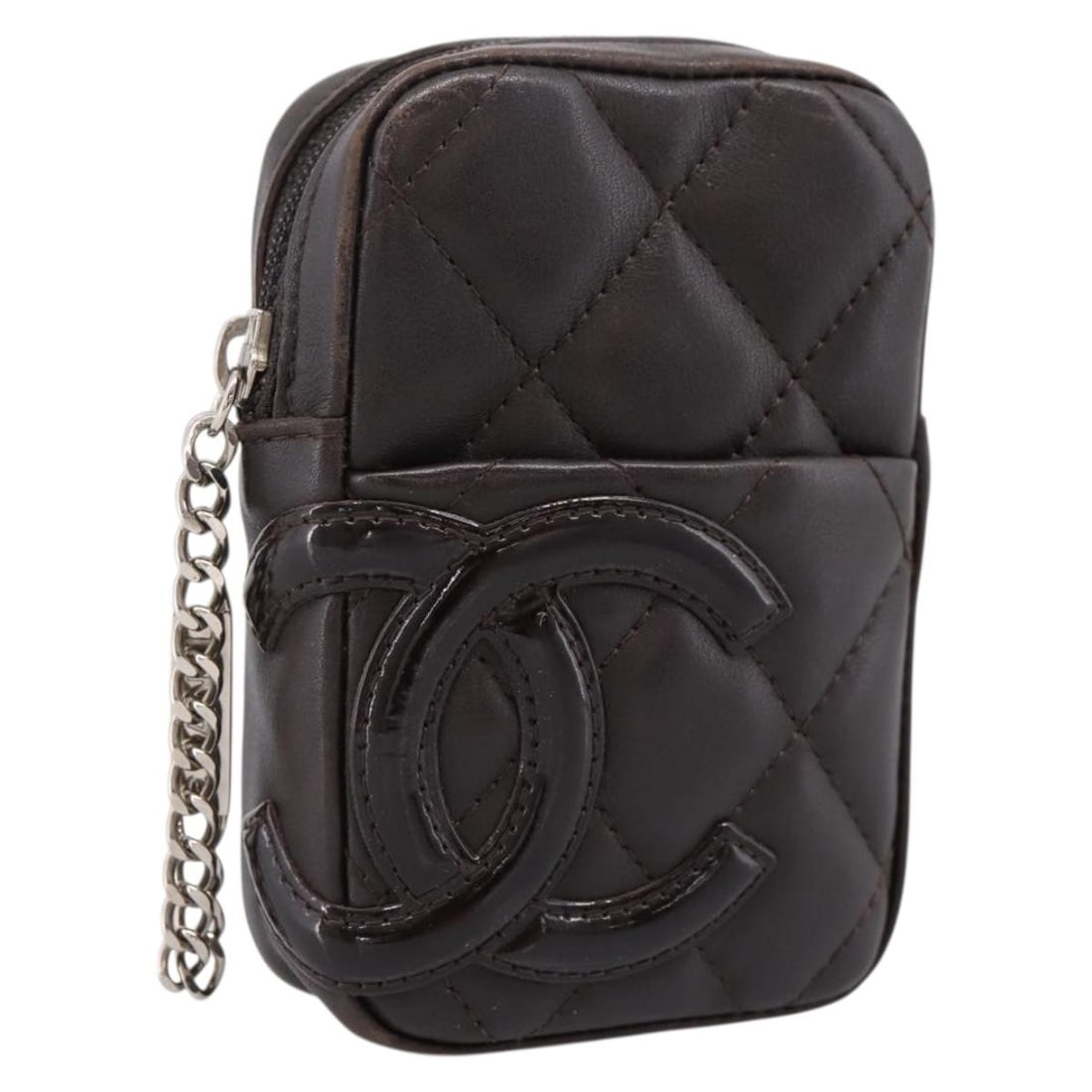CHANEL Cambon Line leather pouch dark brown silver CC: CHANEL Cambon Line leather pouch dark brown silver CC Compact Chanel Cambon Line Matelasse pouch in dark brown leather with silver-tone CC detailing. Made in France, this women's pouch shows visible s