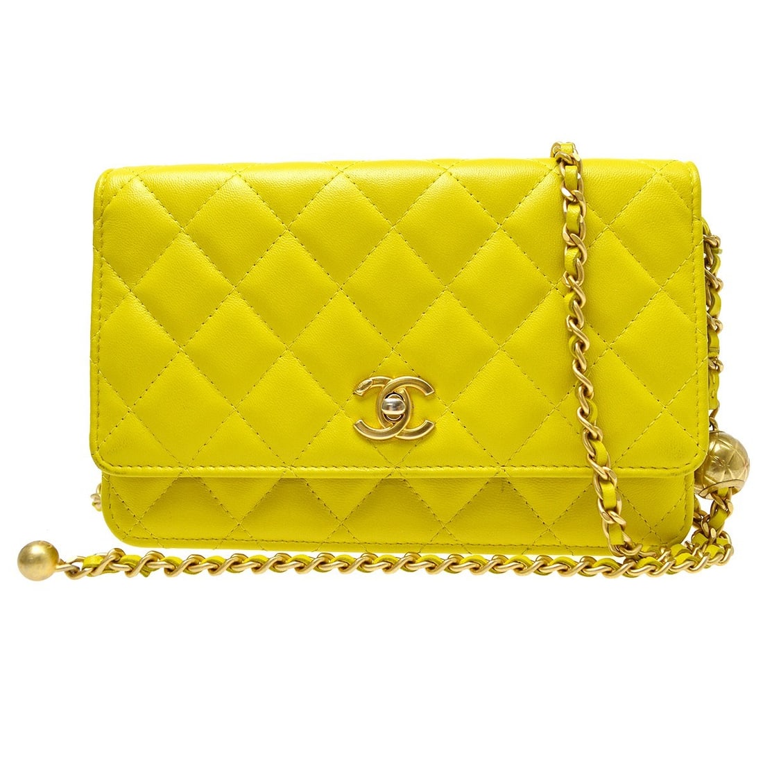 Chanel Pearl Crush WOC Yellow Quilted Lambskin Leather Bag: Chanel Pearl Crush WOC Yellow Quilted Lambskin Leather Bag Chanel Pearl Crush Wallet on Chain in yellow quilted lambskin leather. This women's bag is made in Italy and remains a stylish compact piece 
