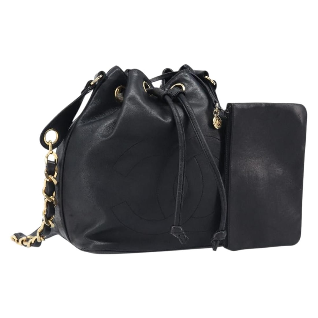CHANEL CC Lamb Skin Shoulder Bag Black Gold Tone Drawstring: CHANEL CC Lamb Skin Shoulder Bag Black Gold Tone Drawstring Chanel drawstring chain shoulder bag in black lamb skin with gold-tone CC detailing. Made in Italy, this women's shoulder bag includes the g