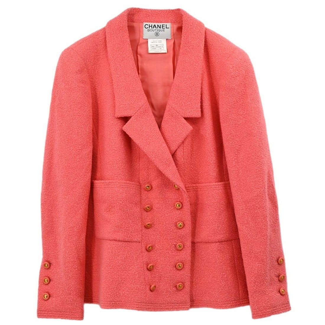 Chanel 96C Pink Tweed Mid Length Jacket Size 42: Chanel 96C Pink Tweed Mid Length Jacket Size 42 Vintage Chanel double-breasted tweed jacket in pink with a regular fit and mid-length silhouette. This women's long-sleeve jacket is made in France with