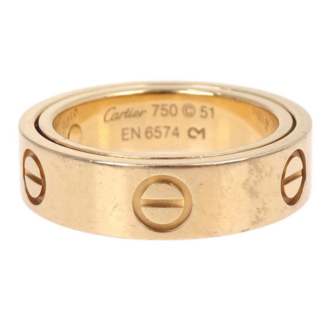 Cartier Secret Love Rose Gold Ring Au750 Size 51: Cartier Secret Love Rose Gold Ring Au750 Size 51 Vintage Cartier Secret Love ring in Au750 rose gold with a round profile and no main stone. It shows scratches from prior use and comes with a case. Sp