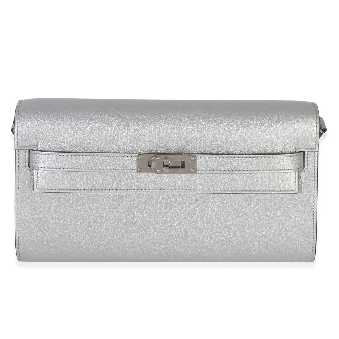 Hermes Kelly Wallet To Go silver leather clutch with box: Hermes Kelly Wallet To Go silver leather clutch with box Pre-owned Hermes Kelly Wallet To Go in Argent metallic Chevre Chamkilight leather with a turnlock closure and silver-tone hardware. This unisex